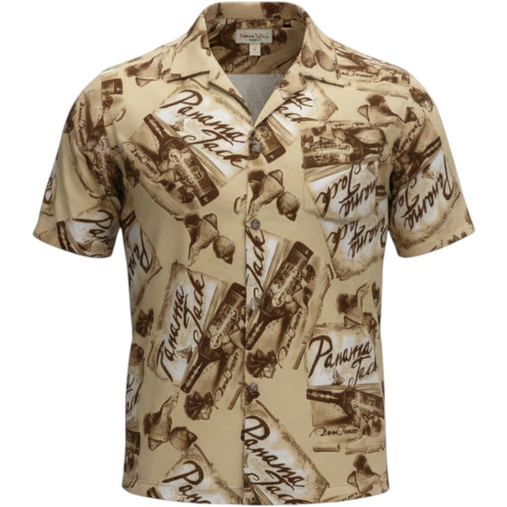 Panama Jack Mens 3XL Rayon Aloha Shirt Rum Bottle Tropical Print Tan Brown